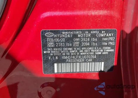 2020 Hyundai Elantra Se from USA, damaged, VIN KMHD74LFXLU070764